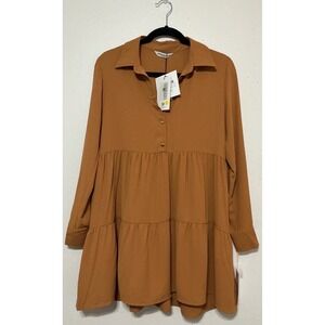 Amanda Uprichard Long Sleeve Pierre Tiered Dress XS Pecan Lightweight